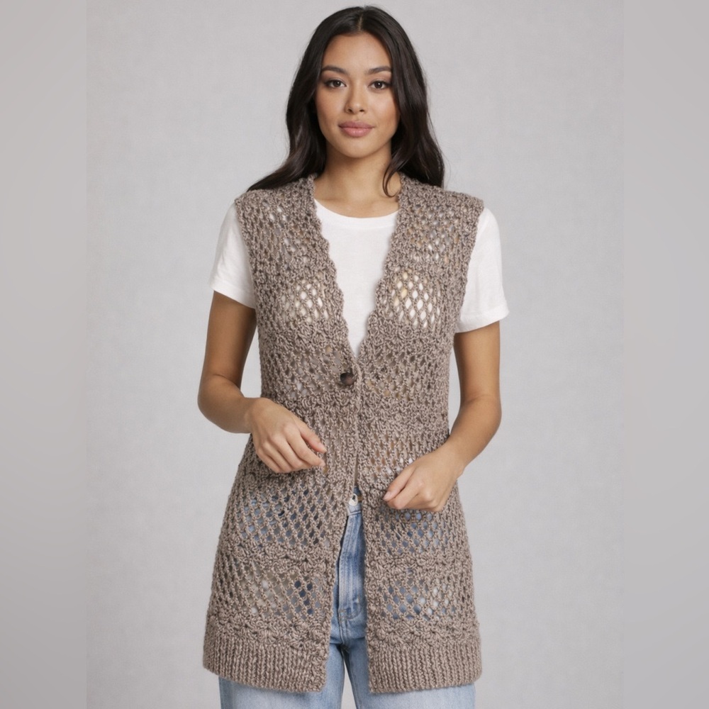 Vintage Crochet Longline Vest Boho Open Knit Duster Cardigan horn button Wool S